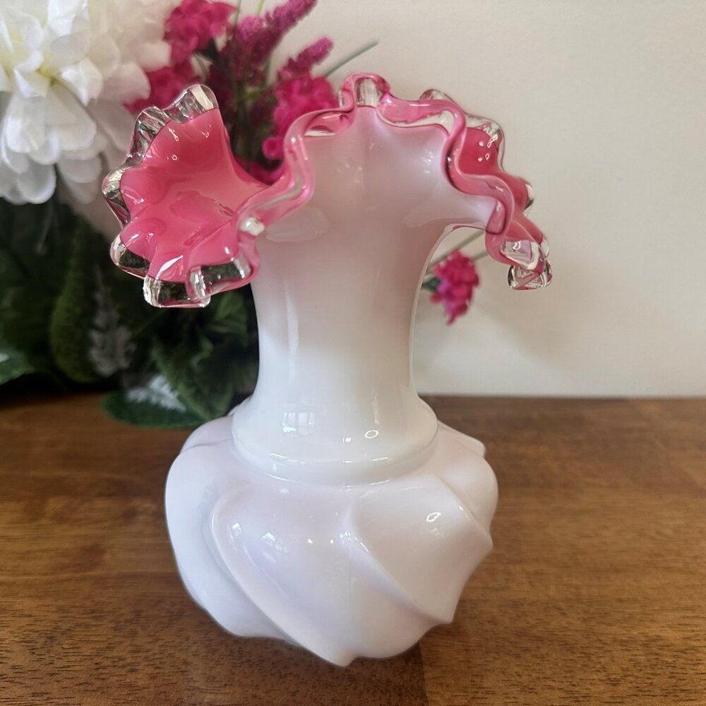 Fenton Silver Crest Pink Ruffled Vase Vintage Art Glass White Milk Glass Crimped